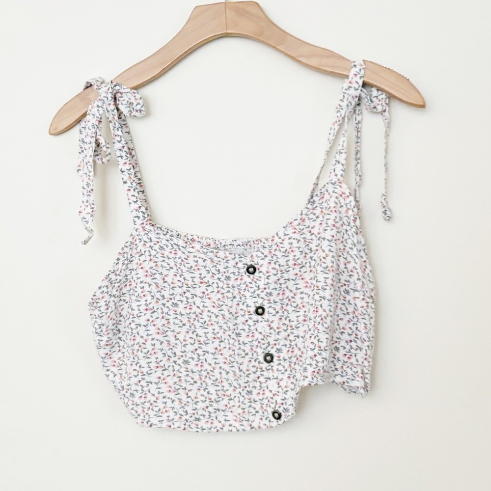 Mimi Chica Crop Top Women XL White Floral Tie Shoulder Smocked Back Cottagecore